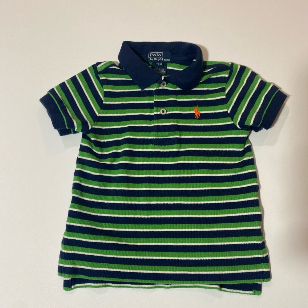 Polo Ralph Lauren Blue Green Striped Polo Shirt Size 12M Cotton Orange Pony